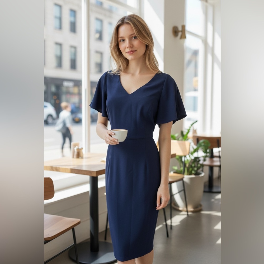 Adrianna Papell Navy Blue Midi Dress M Medium Jet Stretch Cold Shoulder NWT‎